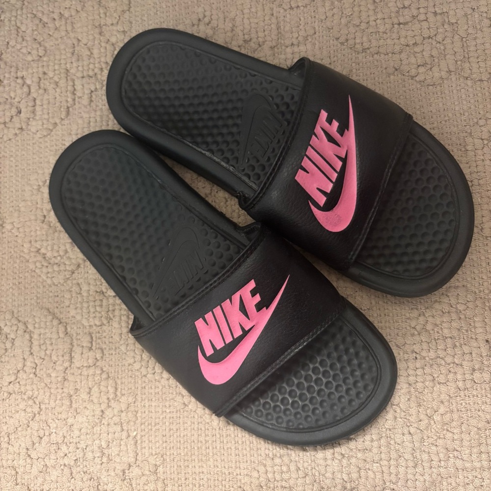 Nike Black Slides with Pink Logo